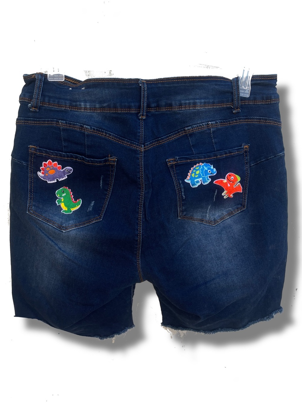 Dark Wash Denim Jean Shorts with Colorful Dino Patches